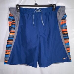Nike Mens Large Swim Trunks Blue Striped Colorblock Board Shorts Mesh Lined Y2K